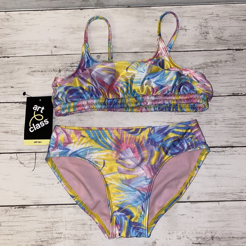 Art Class Target Girls Yellow Tropical Floral Bikini Set Size S 6/6X NWT